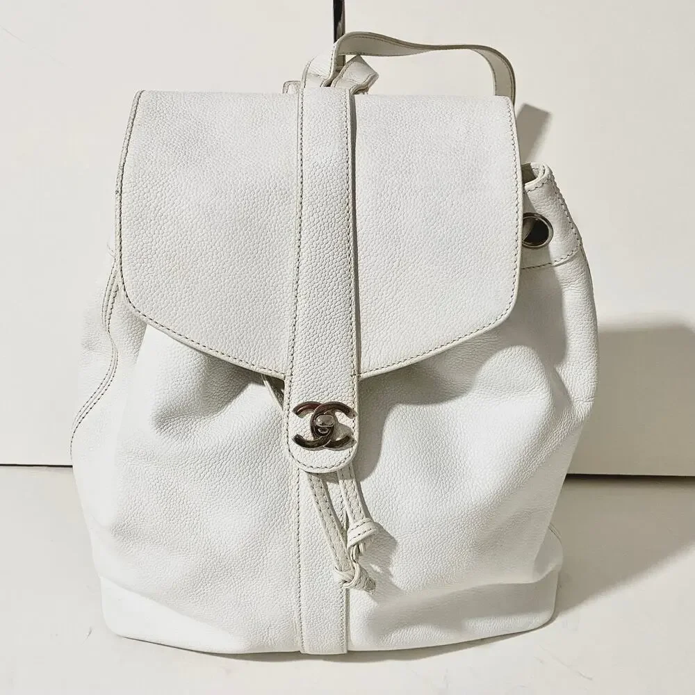 Chanel CC Caviar Leather Vintage Large White Backpack Travel Bag Carryall 90's